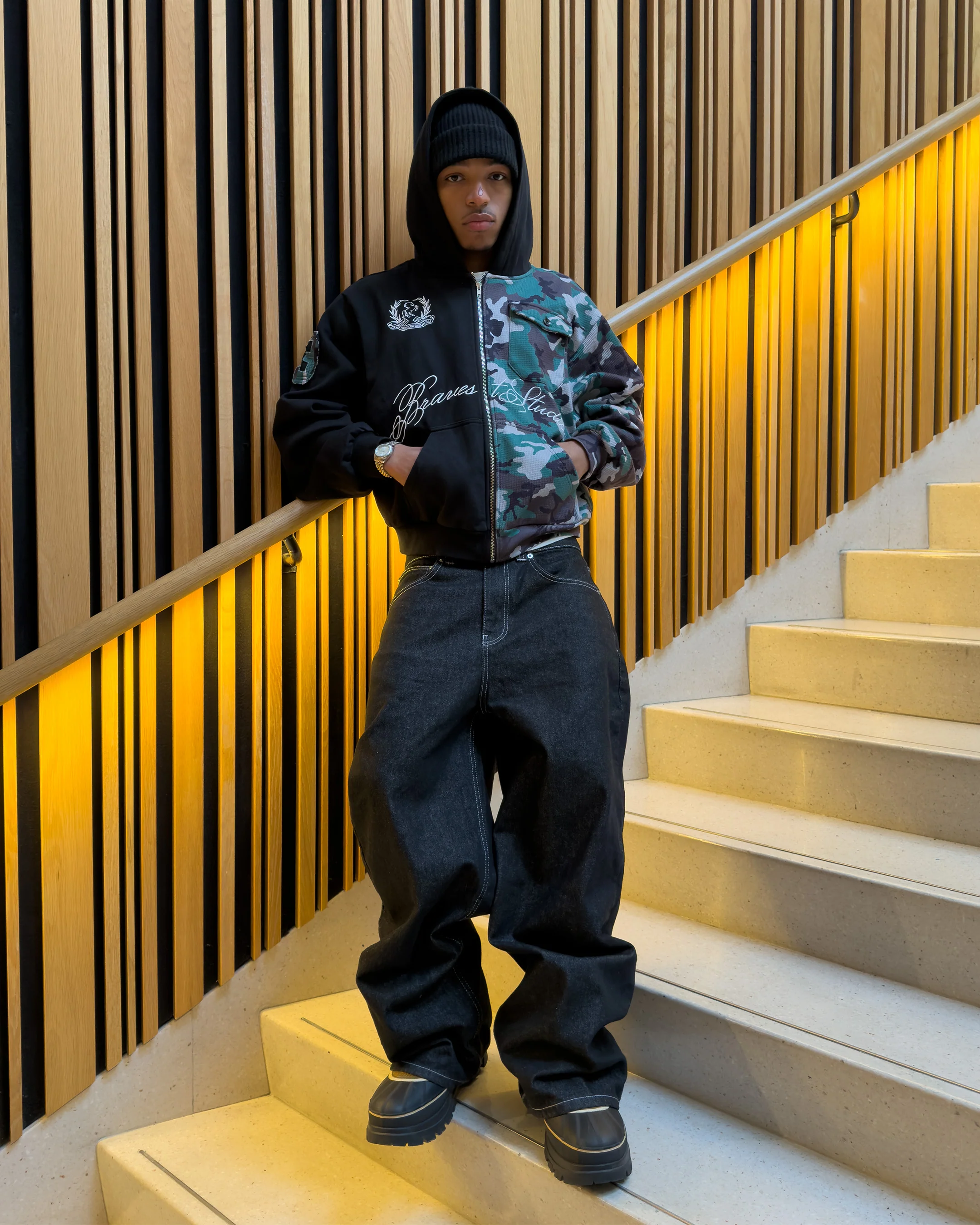 Black Half Camo Zip Up Hoodie - Image 4