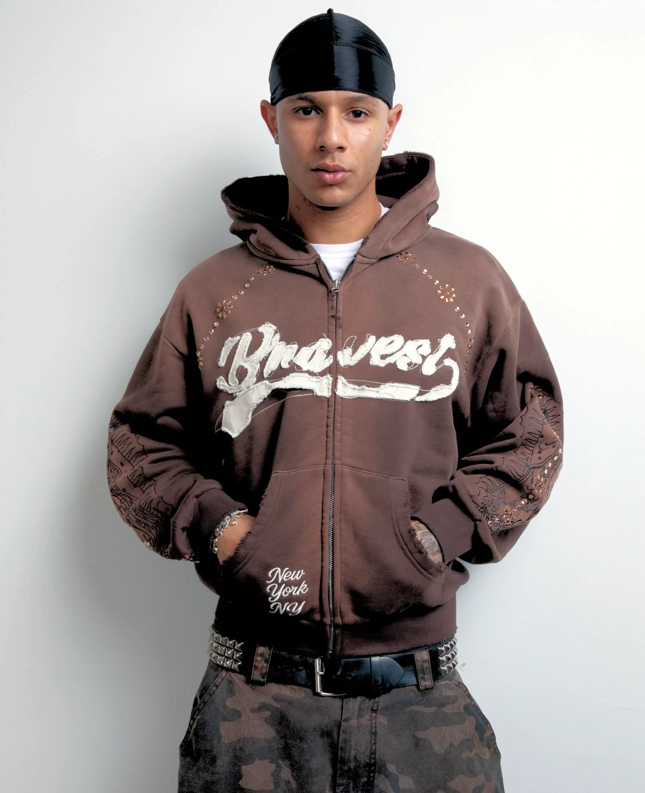 Brown Rosary Rhinestone Zip Hoodie - Image 2